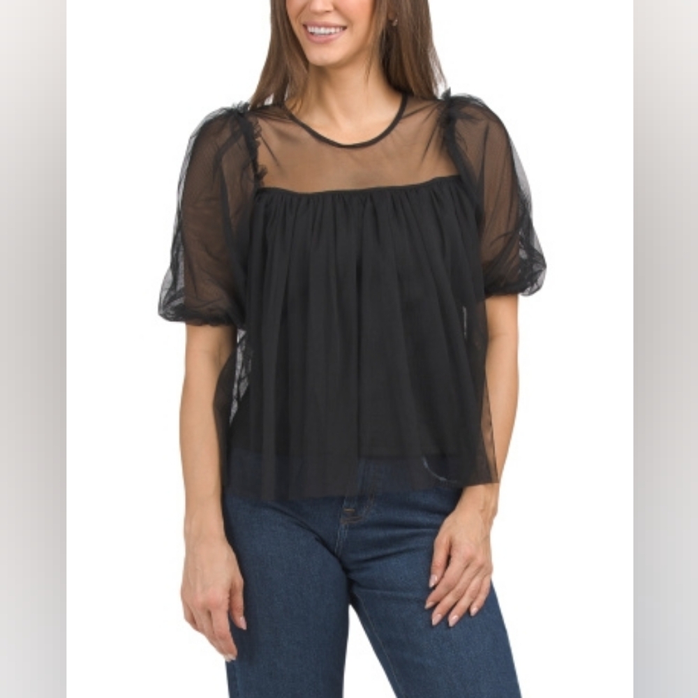 NWT - Kaktus Black Novelty Knit with Baby Doll Mesh Overlay Top - Size L